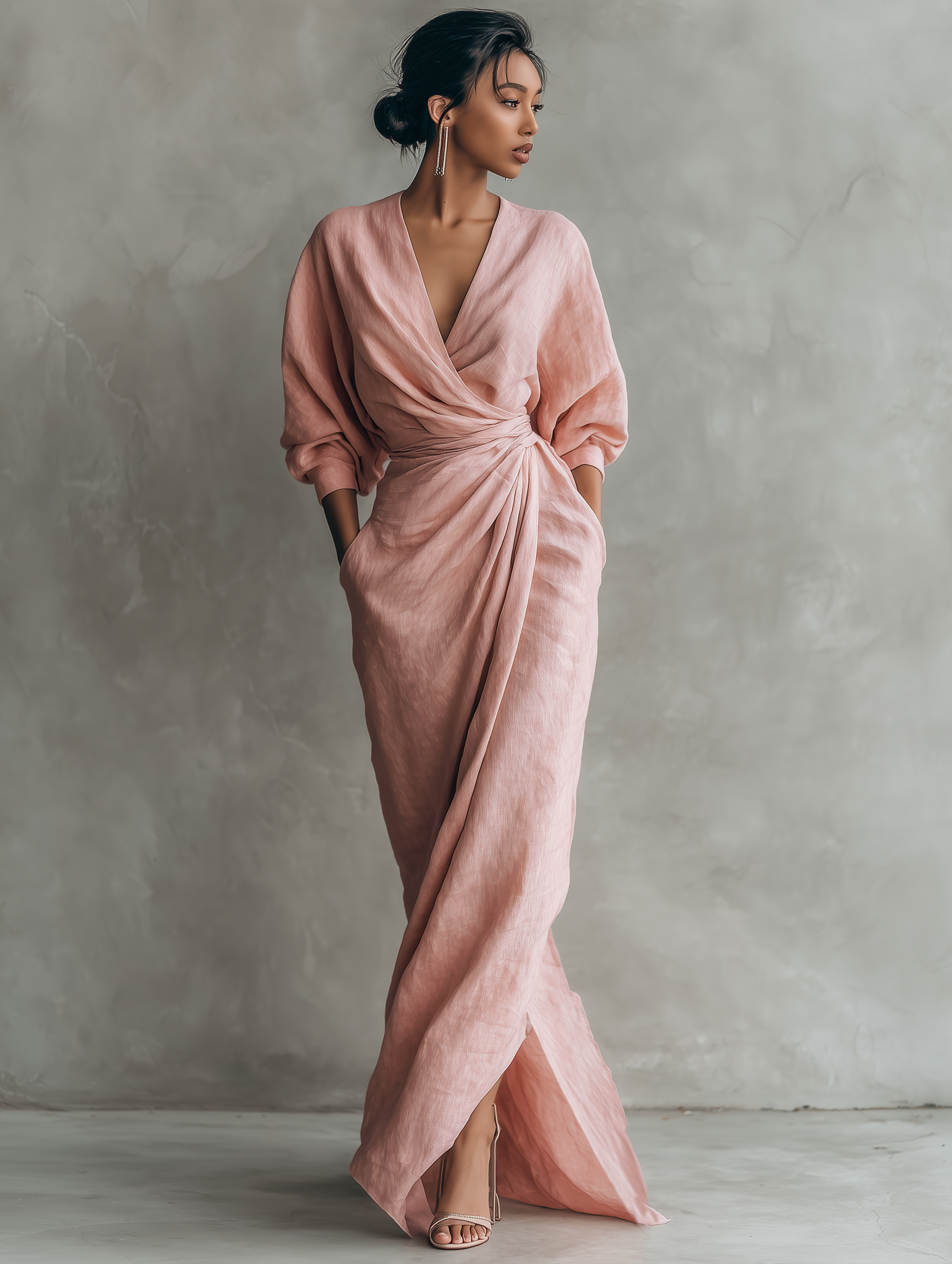 Women's Maxi Dress in Minimalist Pink with V-Neck