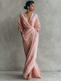 Long Pink Minimalist Dress with V-Neck in Linen Fabric for Women