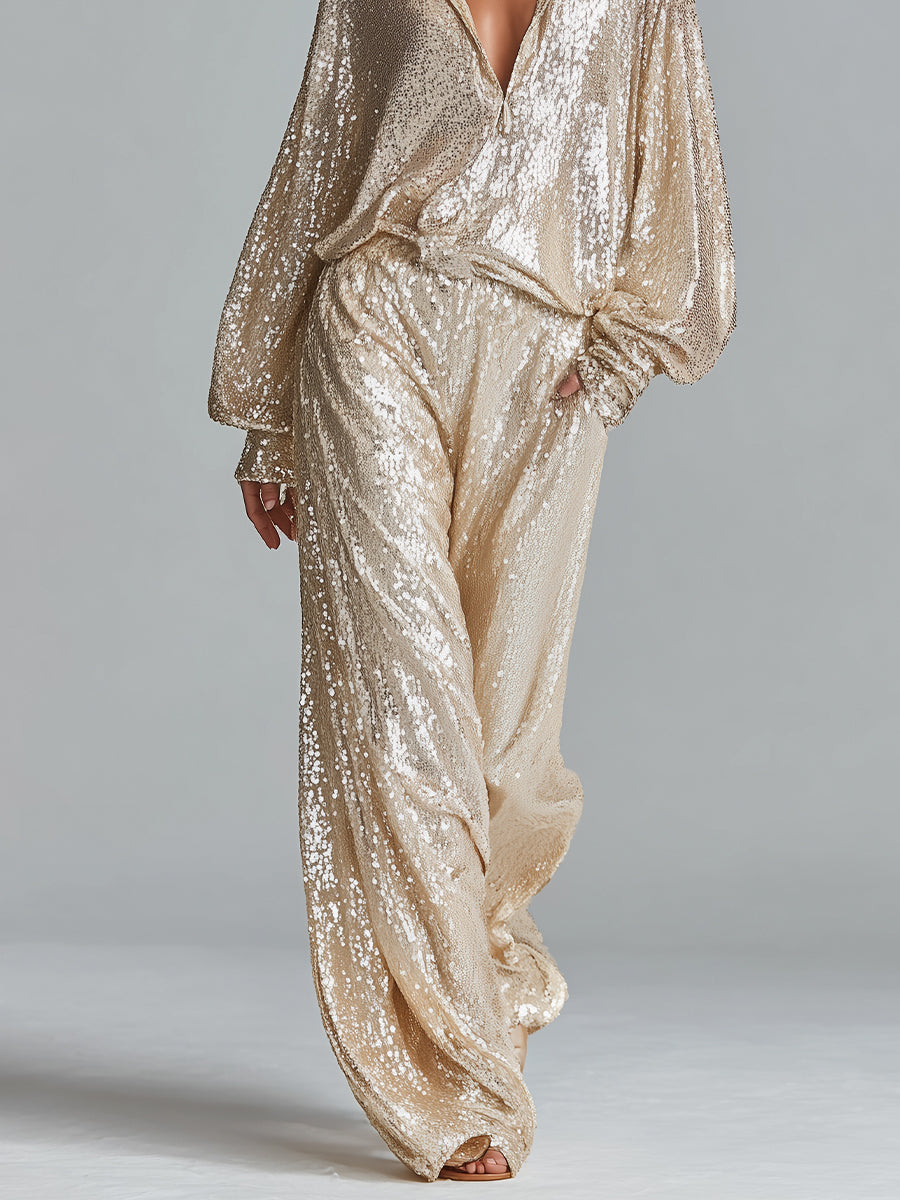 Women's Lingerie Party Set with Collar and Shiny Gold Sequins - Half Zipper and Wide Leg MDA2425I0I