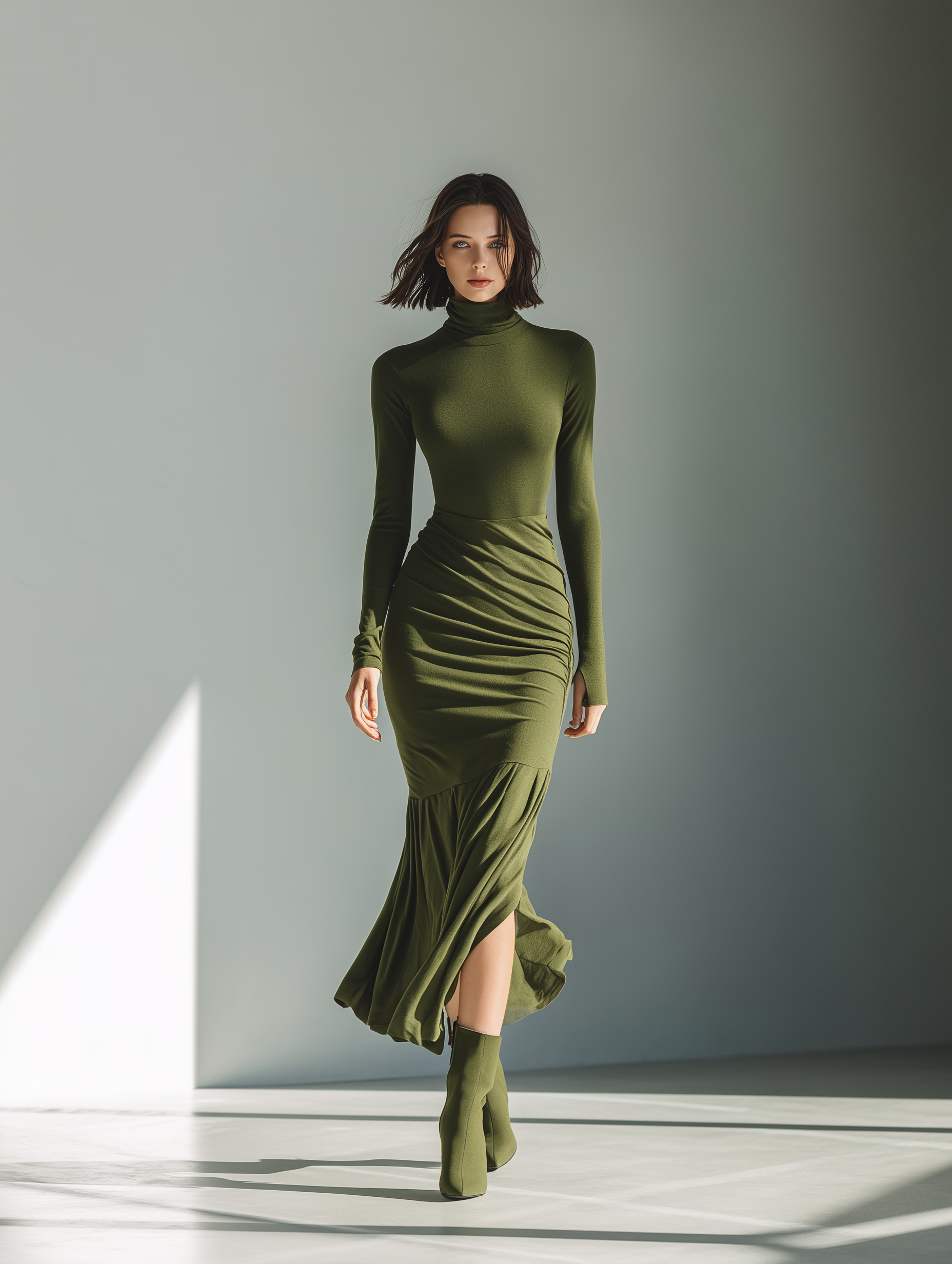 Maxi Dress for Women in Military Green with High Neck, Stretch Fabric, and Fitted Look MDA0556K1T