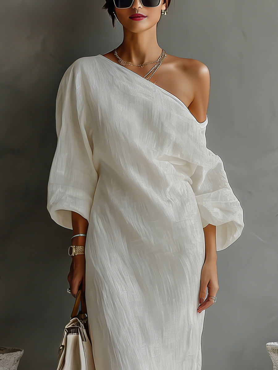 Women's Shimmering White One-Shoulder Cotton-Linen Blend Dresses