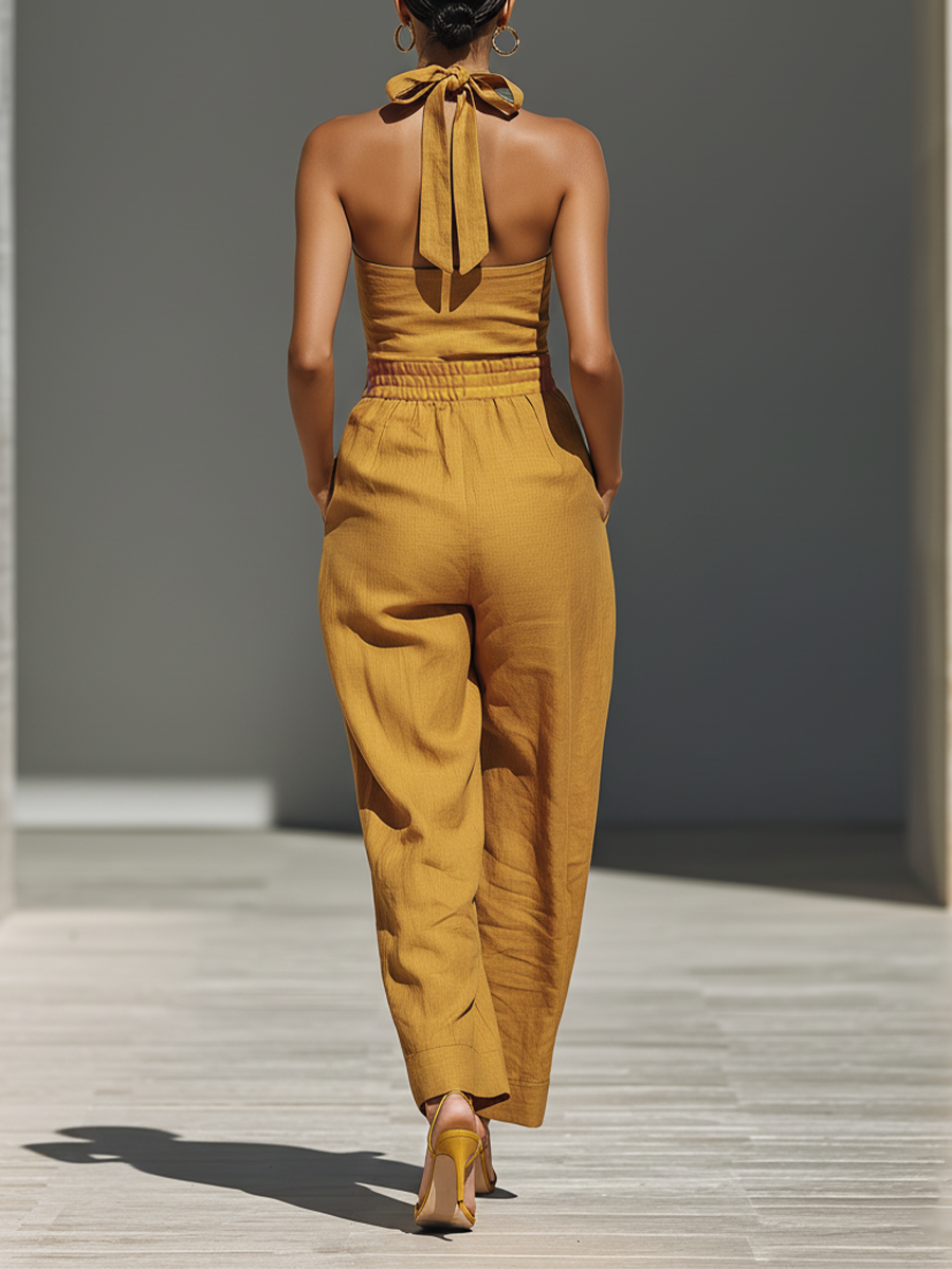Women's Mustard Suit with Crossed Collar and Loose Pants MDZ2808B6T