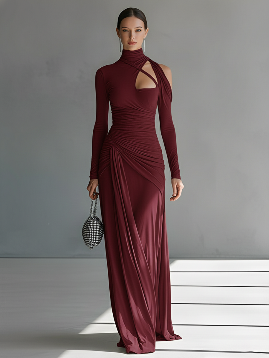 Women’s Gray Maxi Dress in Stretch Silk with Wrinkled Details and Cut MDA0546K6I