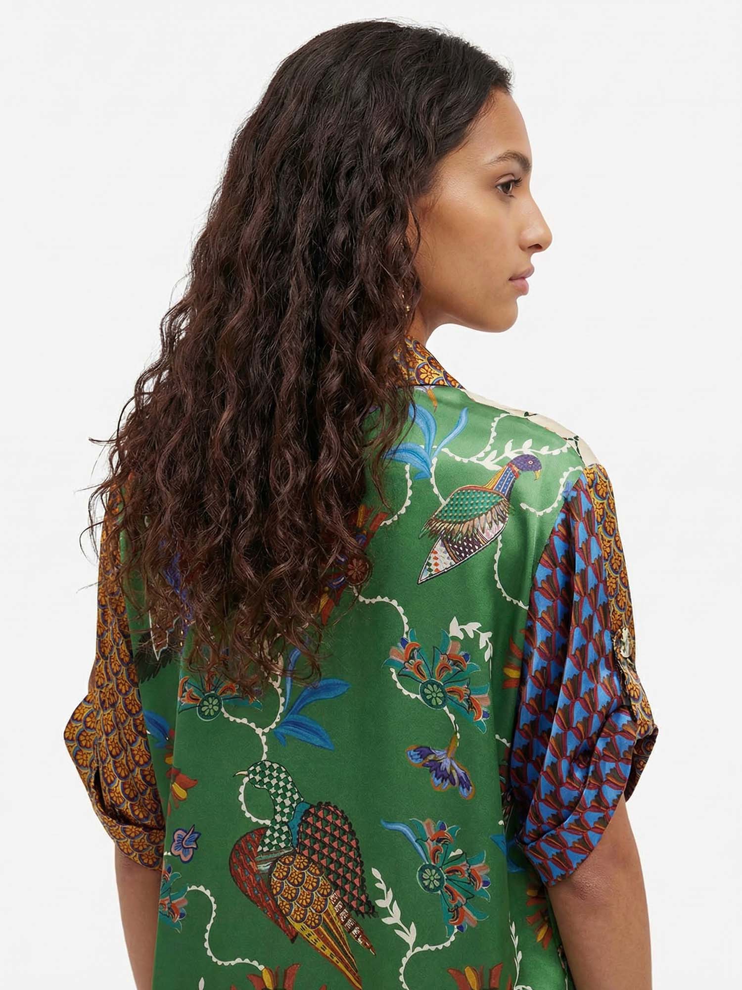 Button-Up Shirt with Contrast Bird Print