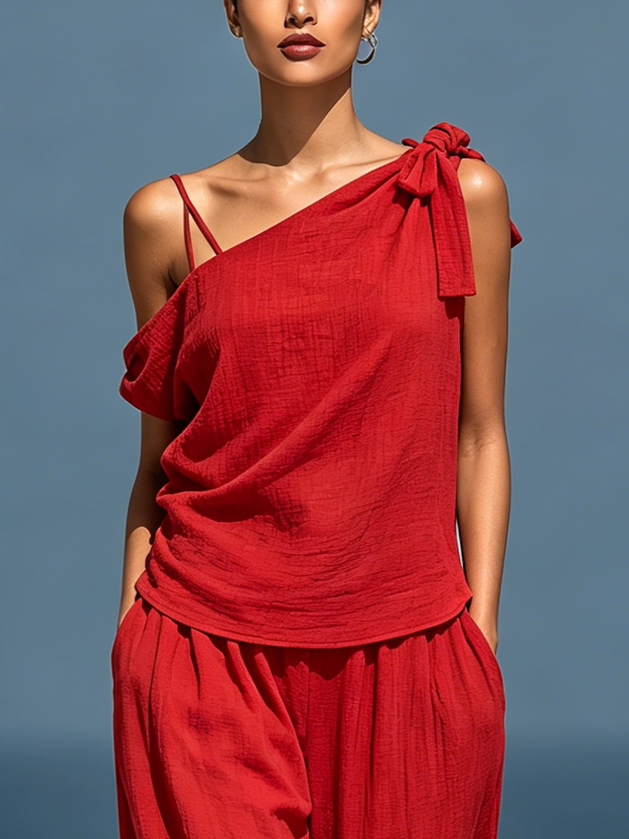 Red Women's Two-Piece Linen Blend Set: Asymmetrical Top with One Shoulder (No Neck Scarf) and Wide Pants with Pockets MDZ2201D4T
