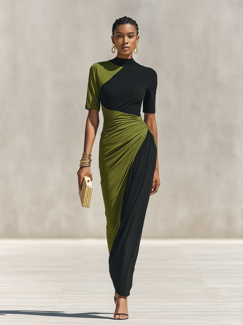 Black and Olive Green Jersey Maxi Dress with High Collar and Waist Tie, Elegant Evening Dress in Fitted Cut MDZ0948F9LYL