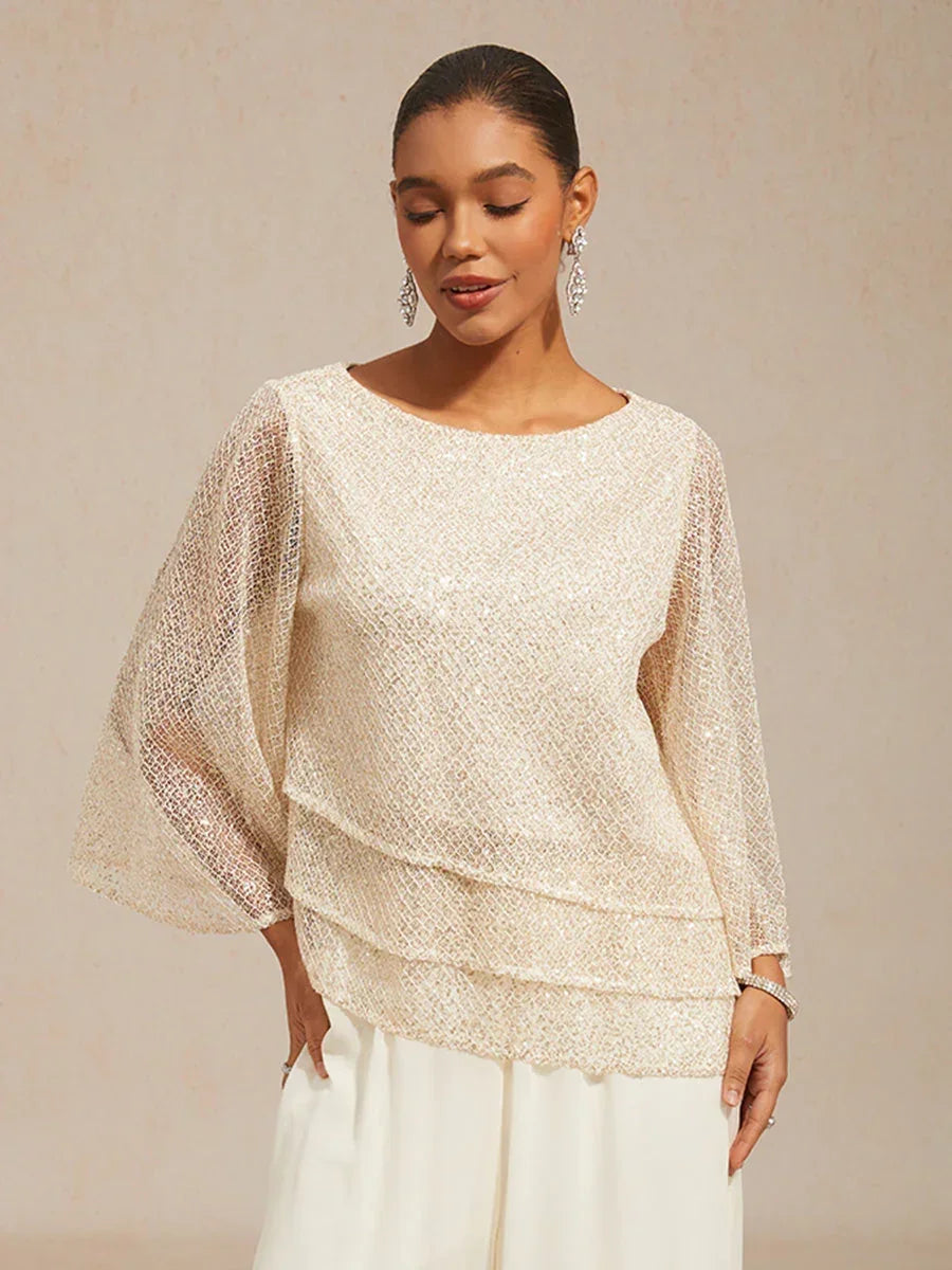 Layered mesh top with sequins and bell-shaped sleeves