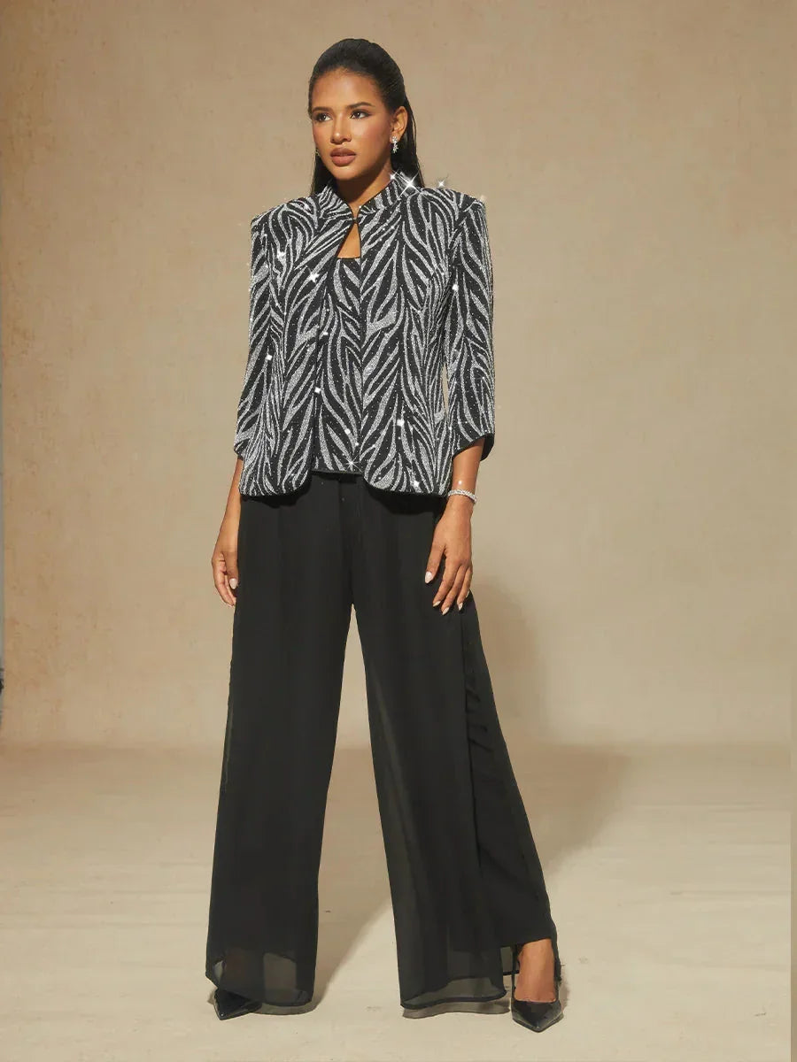 Twinst with Mandarin Collar and Zebra Pattern Adorned with Diamonds