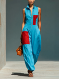 Women's Sleeveless Suit in Blue with Red Pockets and Half-Zip Cardigan MDZ0982E4T