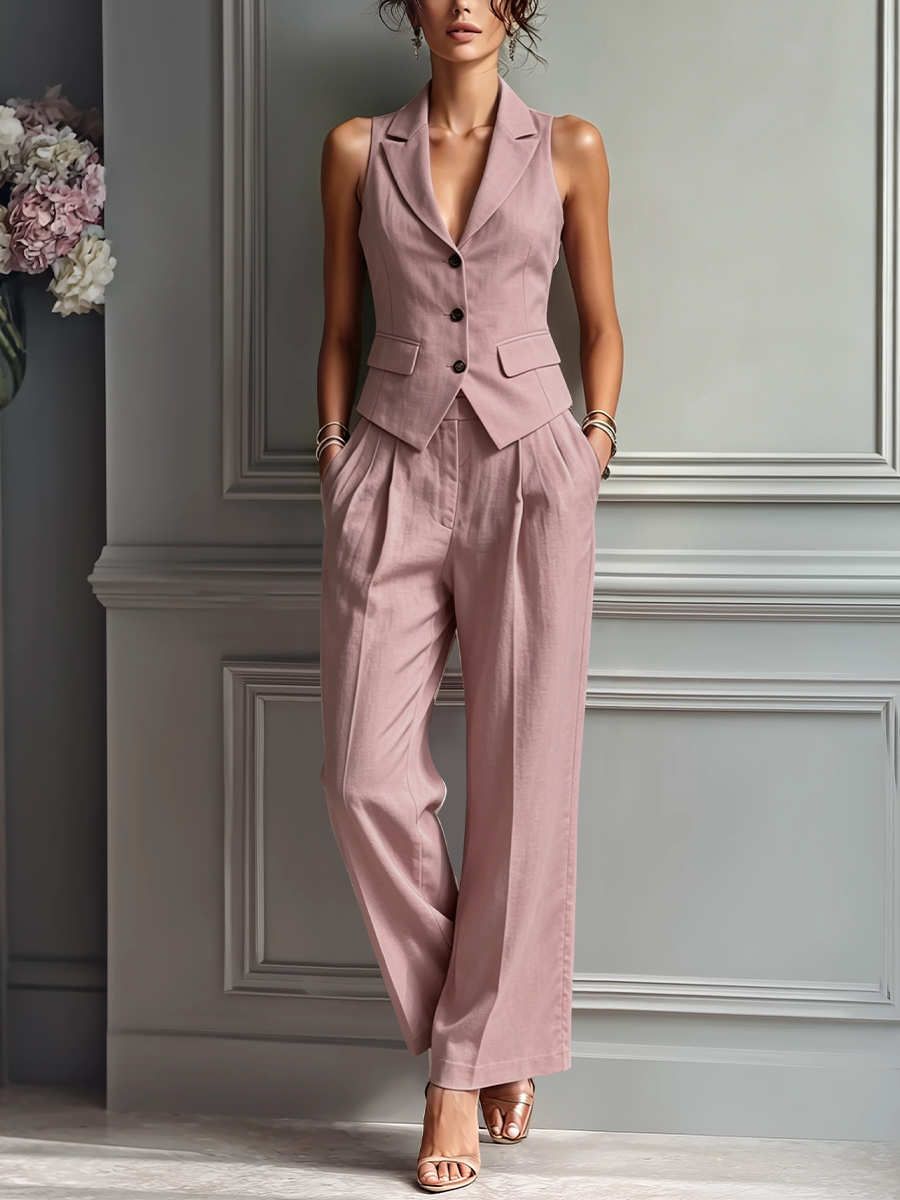 Sleeveless Blush Pink Linen Vest for Women and Wide Pants - Two-Piece Set with Shawl Collar MDZ3005A5T