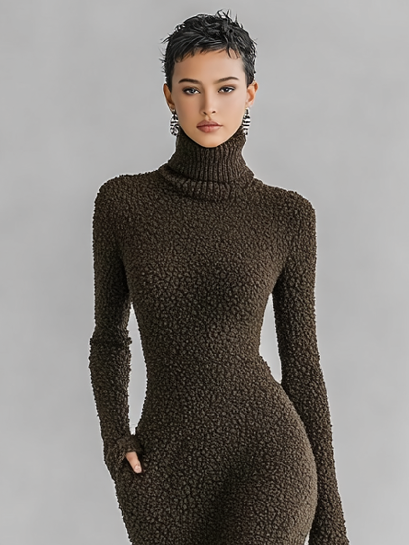 Women's Midi Dress with High Collar, Side Cut, Slim Style, Soft Linen MDA1401J4Y