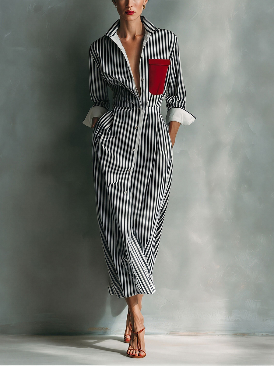 Shirt Dresses with Blue and White Stripes for Women with a Red Chest Pocket MDZ1286C2T