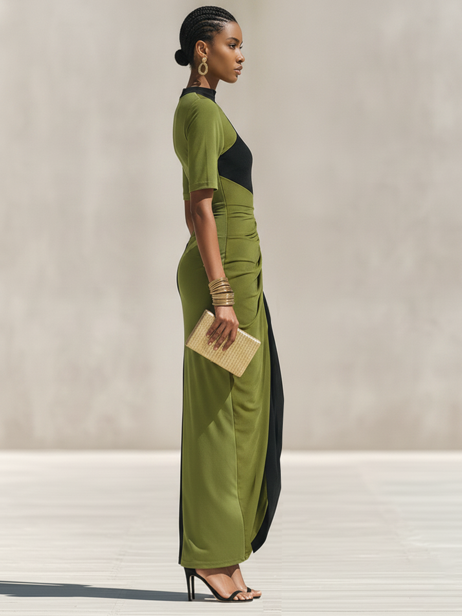 Black and Olive Green Jersey Maxi Dress with High Collar and Waist Tie, Elegant Evening Dress in Fitted Cut MDZ0948F9LYL