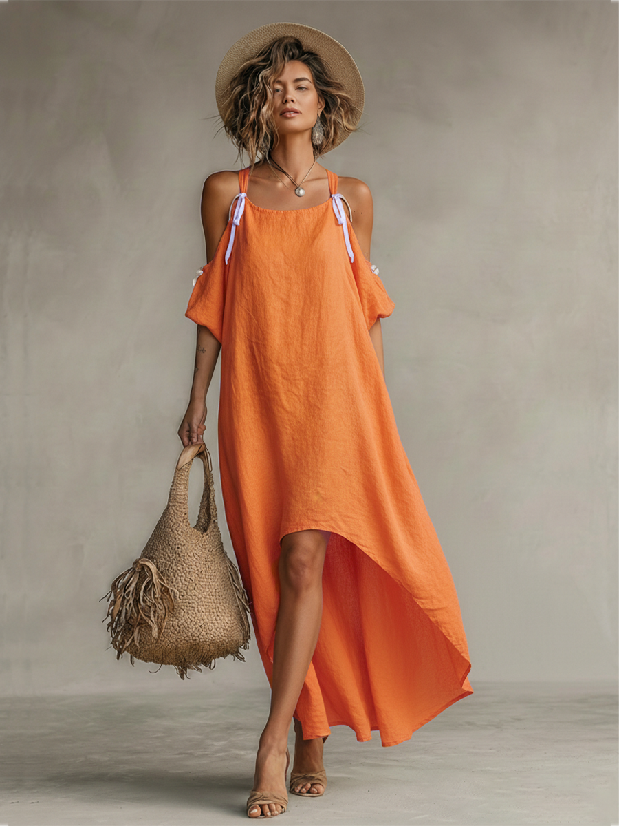 Tamar Linen Dresses with Cold Shoulder and High-Low Skirt, Timeless Boho-Resort Dress MDZ0337C4I