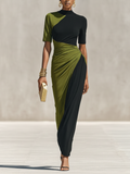 Black and Olive Green Jersey Maxi Dress with High Collar and Waist Tie, Elegant Evening Dress in Fitted Cut MDZ0948F9LYL