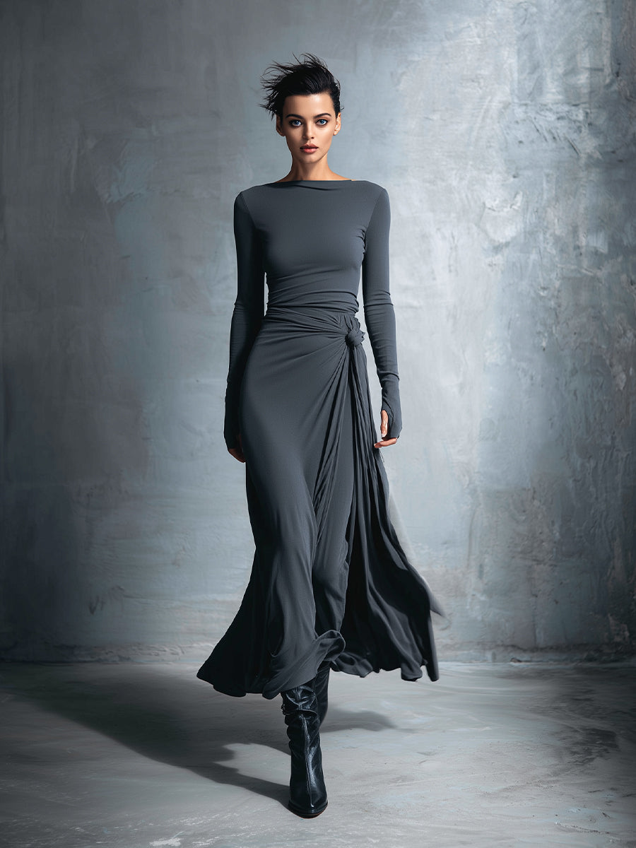 Gray Maxi Dresses for Women - Printed Wrap Dress