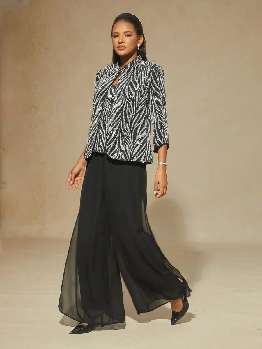 Twinst with Mandarin Collar and Zebra Pattern Adorned with Diamonds