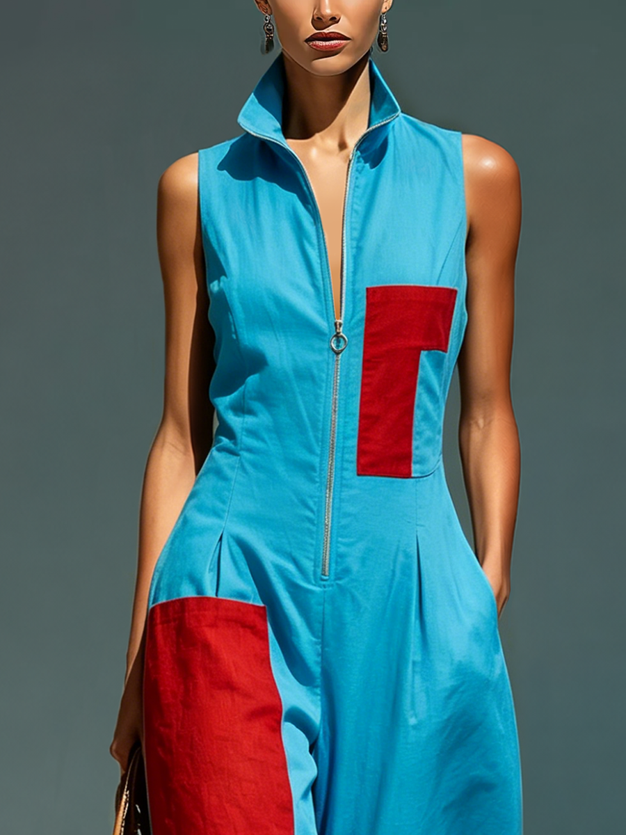 Women's Sleeveless Suit in Blue with Red Pockets and Half-Zip Cardigan MDZ0982E4T