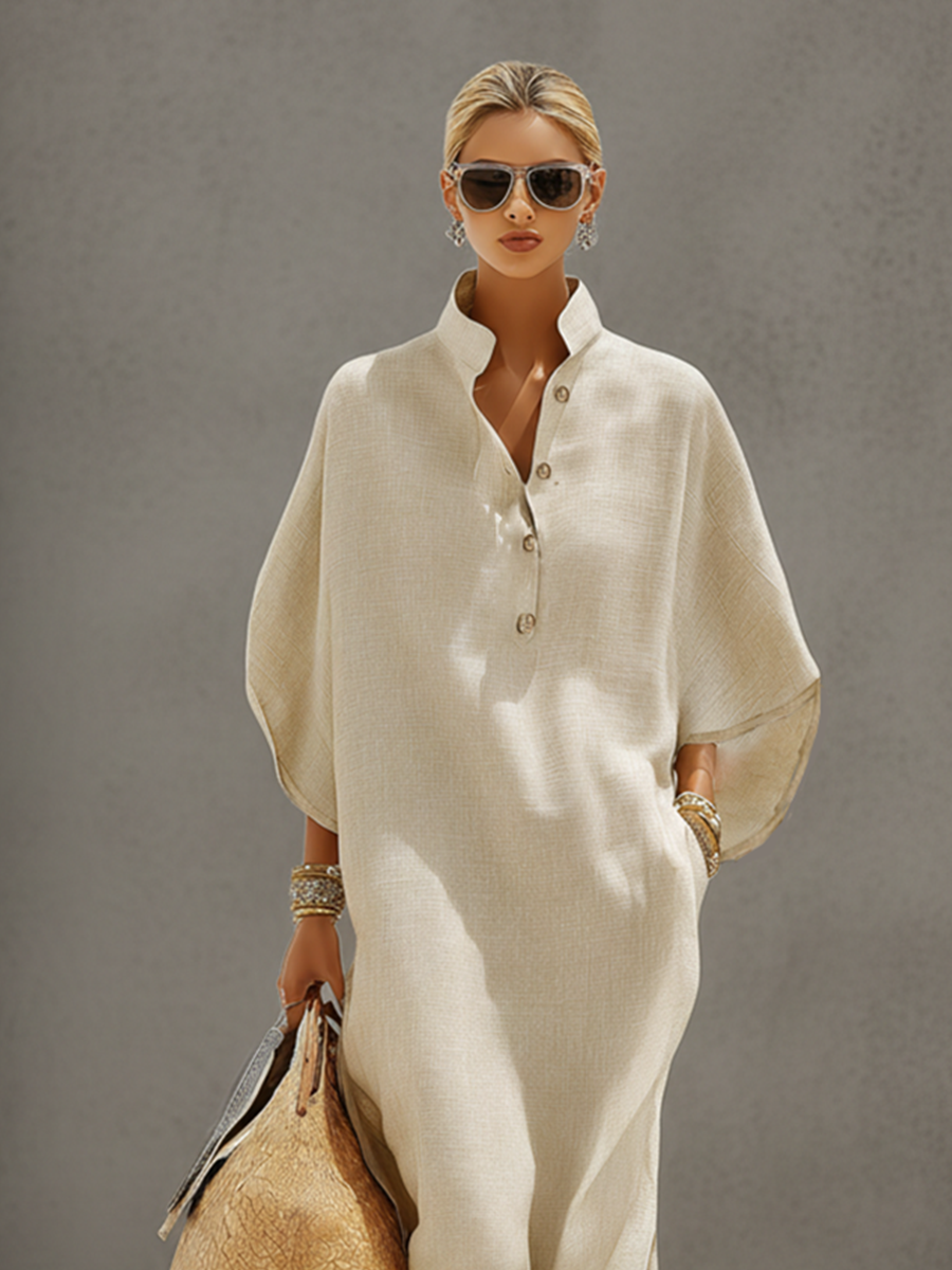 Linen Grain Dresses for Women with Mandarin Collar and Dolman Sleeves, Timeless Everyday Vacation Style Dress MDZ0552B1I