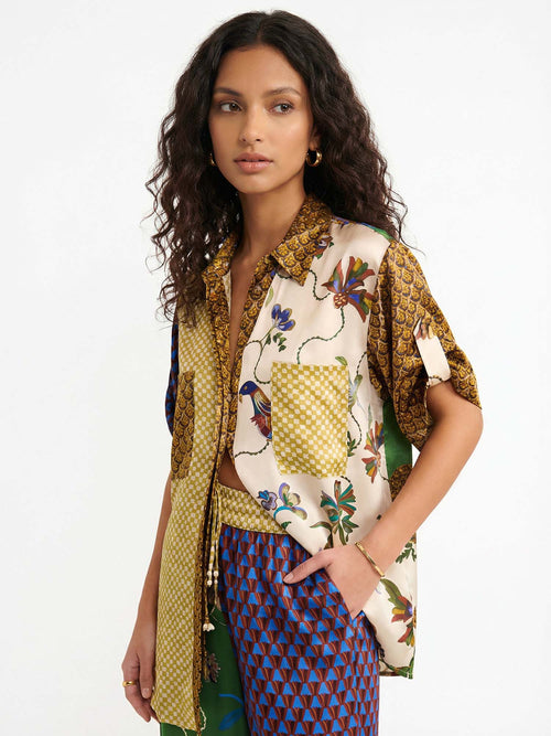 Button-Up Shirt with Contrast Bird Print