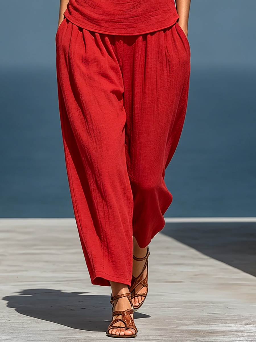 Red Women's Two-Piece Linen Blend Set: Asymmetrical Top with One Shoulder (No Neck Scarf) and Wide Pants with Pockets MDZ2201D4T