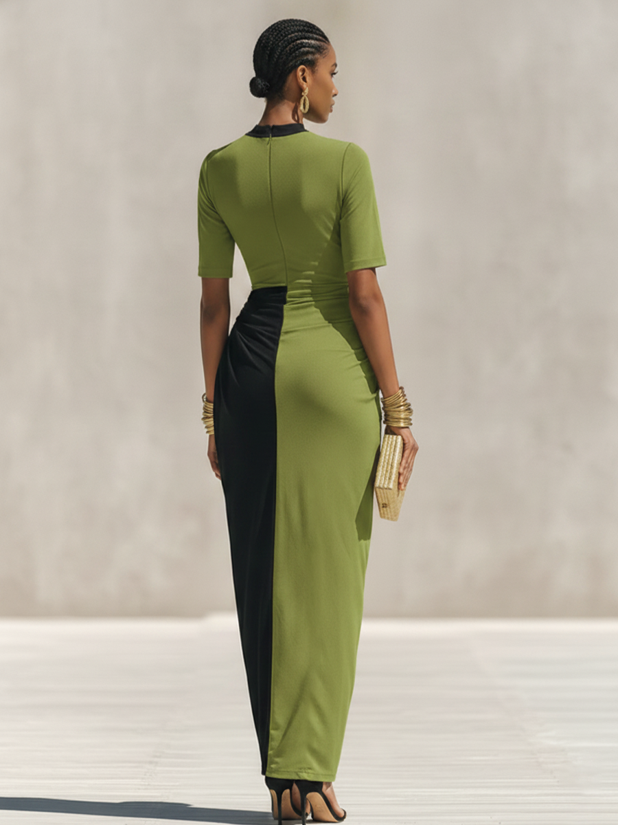 Black and Olive Green Jersey Maxi Dress with High Collar and Waist Tie, Elegant Evening Dress in Fitted Cut MDZ0948F9LYL