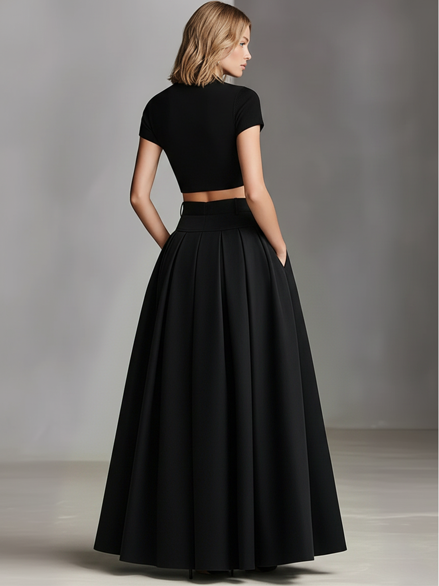 Women's Black Set with Short Top and Maxi Dress, Elegant-Classical Style (Without Belt) MDZ1412A1I