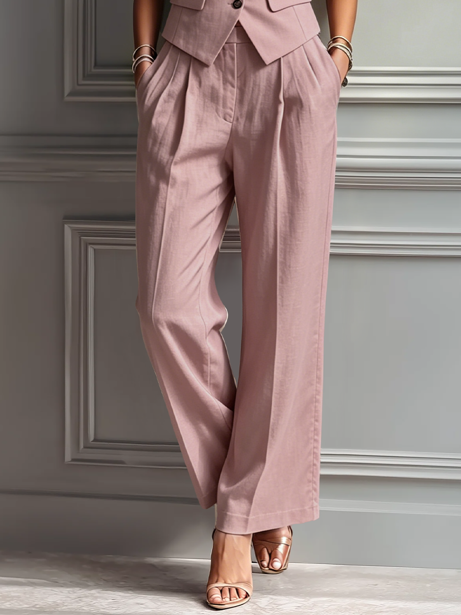Sleeveless Blush Pink Linen Vest for Women and Wide Pants - Two-Piece Set with Shawl Collar MDZ3005A5T