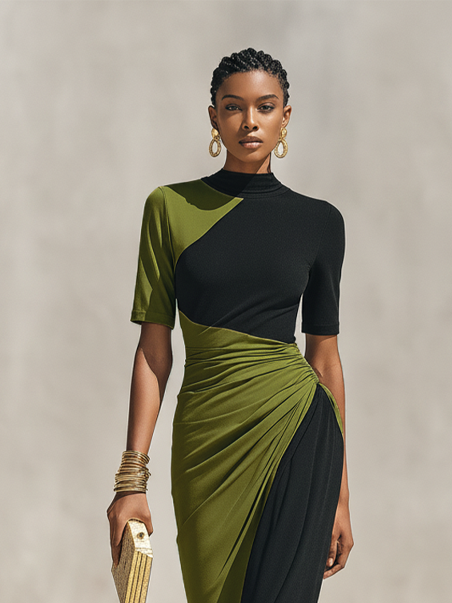 Black and Olive Green Jersey Maxi Dress with High Collar and Waist Tie, Elegant Evening Dress in Fitted Cut MDZ0948F9LYL