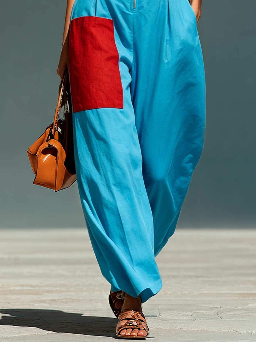 Women's Sleeveless Suit in Blue with Red Pockets and Half-Zip Cardigan MDZ0982E4T