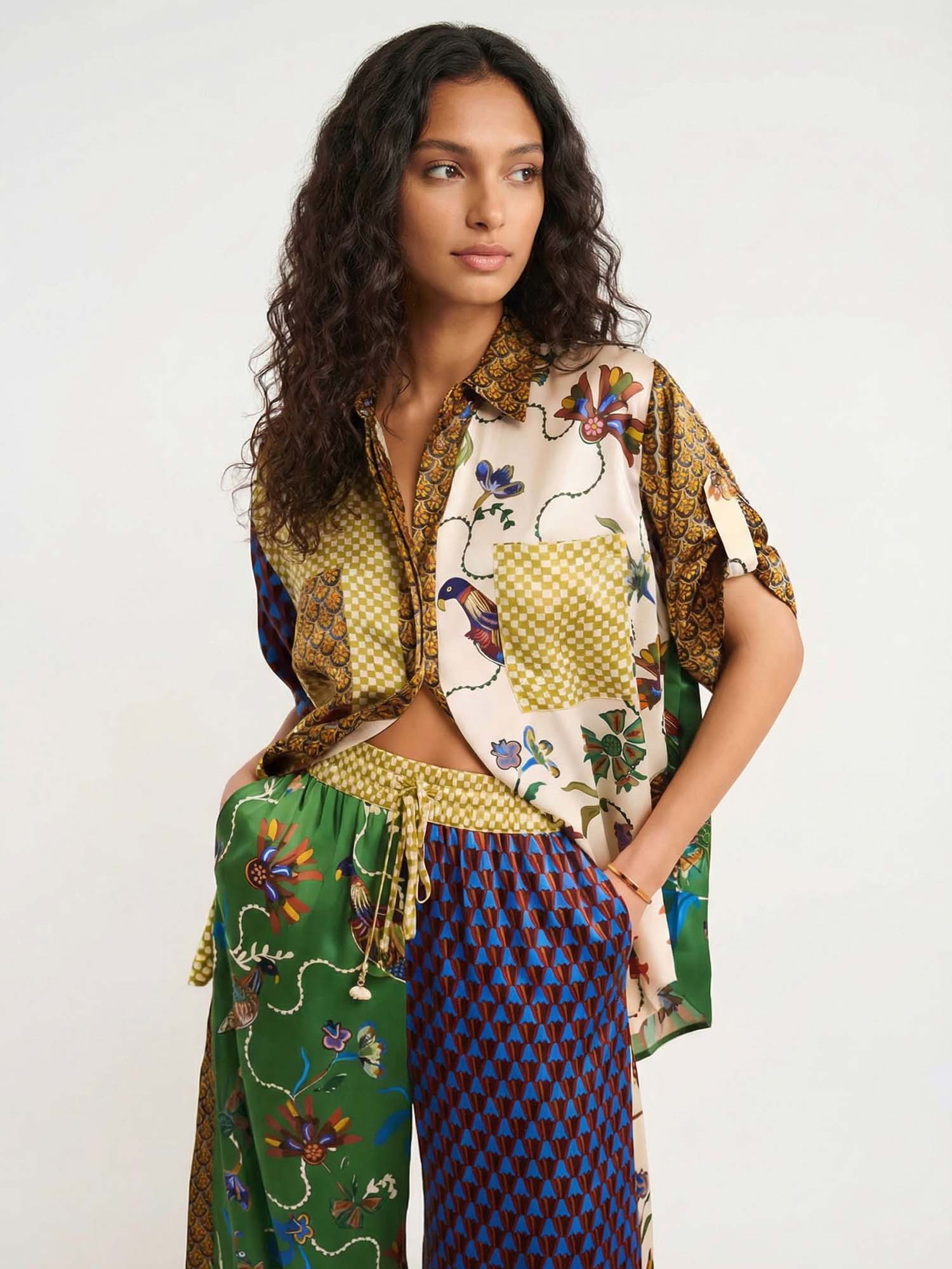 Button-Up Shirt with Contrast Bird Print