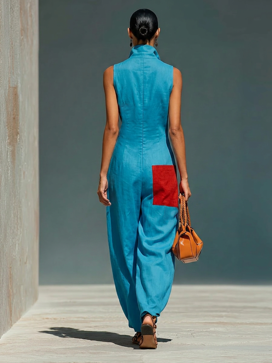 Women's Sleeveless Suit in Blue with Red Pockets and Half-Zip Cardigan MDZ0982E4T