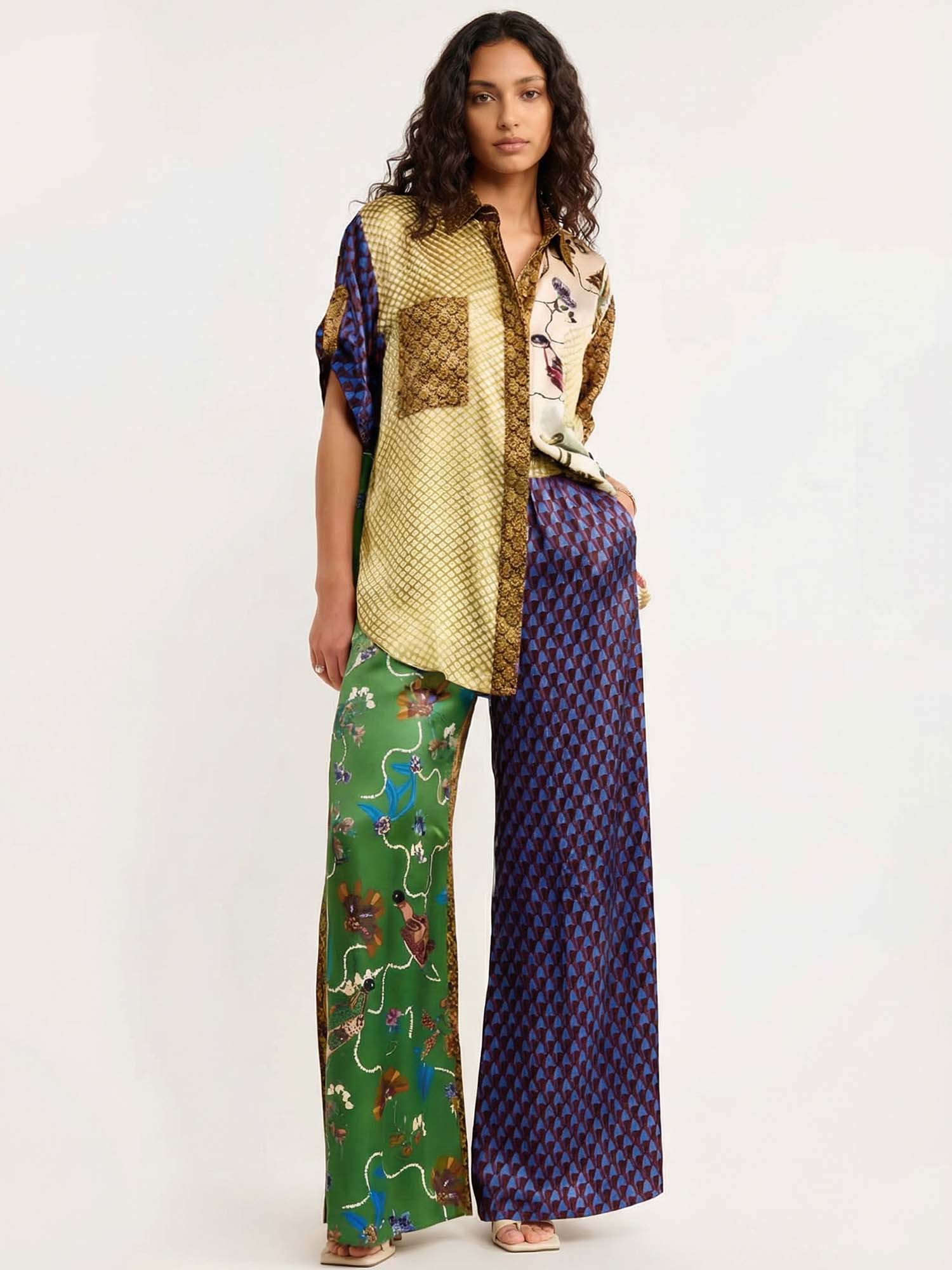 Button-Up Shirt with Contrast Bird Print