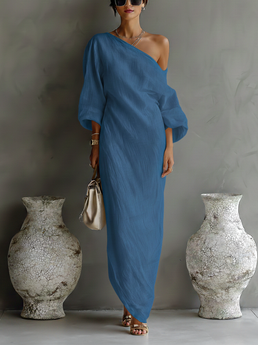 Women's Shimmering White One-Shoulder Cotton-Linen Blend Dresses