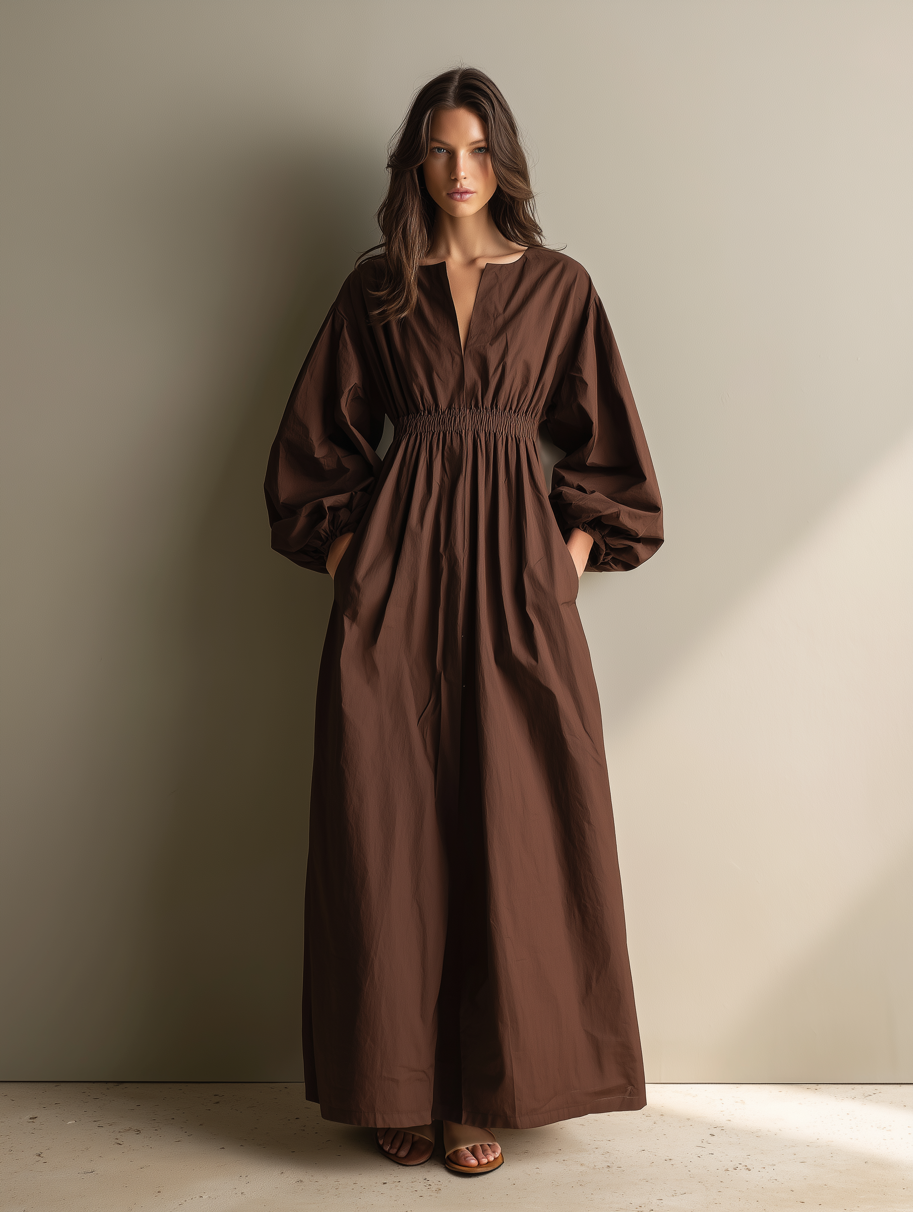 Brown Maxi Dresses for Women Made of Cotton and Linen with V-Neck and Long Sleeves, with Elastic Waist MDZ1295A0AN