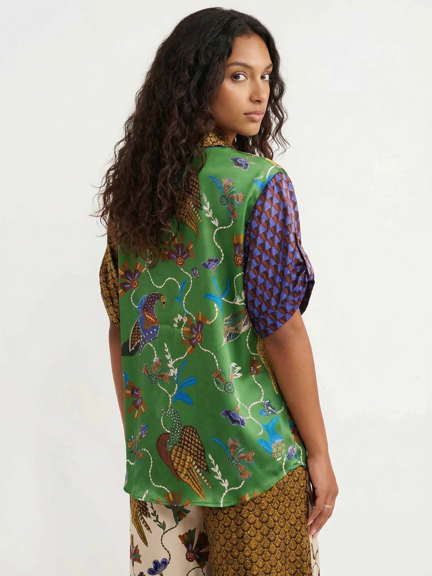 Button-Up Shirt with Contrast Bird Print