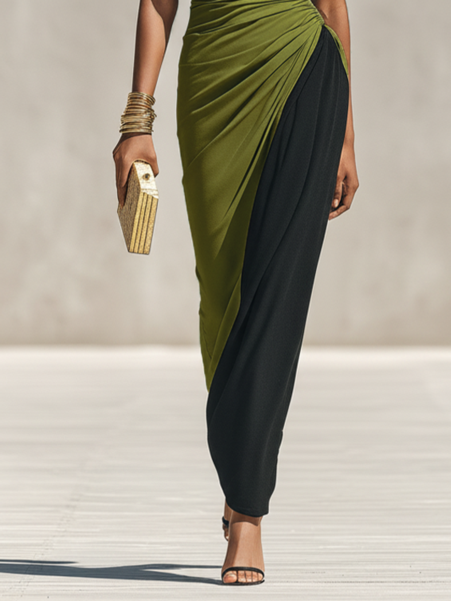 Black and Olive Green Jersey Maxi Dress with High Collar and Waist Tie, Elegant Evening Dress in Fitted Cut MDZ0948F9LYL