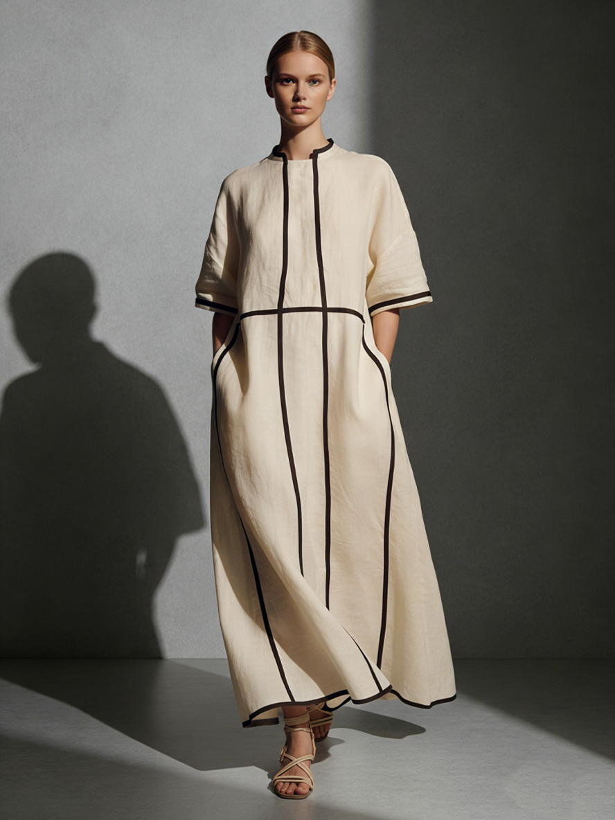 Maxi Dress with Stand Collar, Short Sleeves, Pockets, and Contrasting Stripes, Made of Modern Linen Blend for Women in Beige MDA2924L4AU