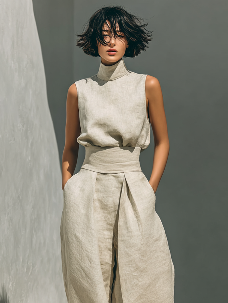 Set consisting of a sleeveless top and wide pants made of cotton and linen.