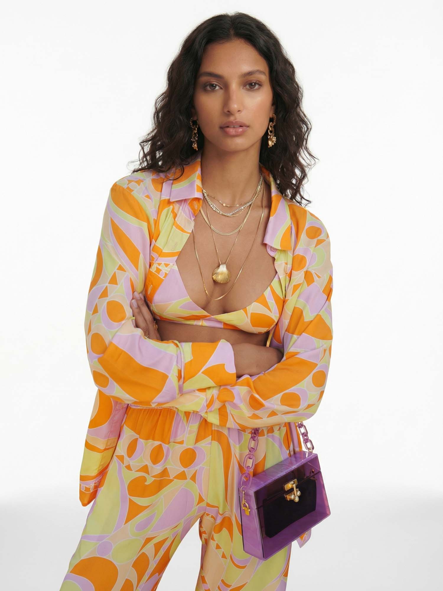 Button-Up Shirt with Tropical Beach Graphic Print
