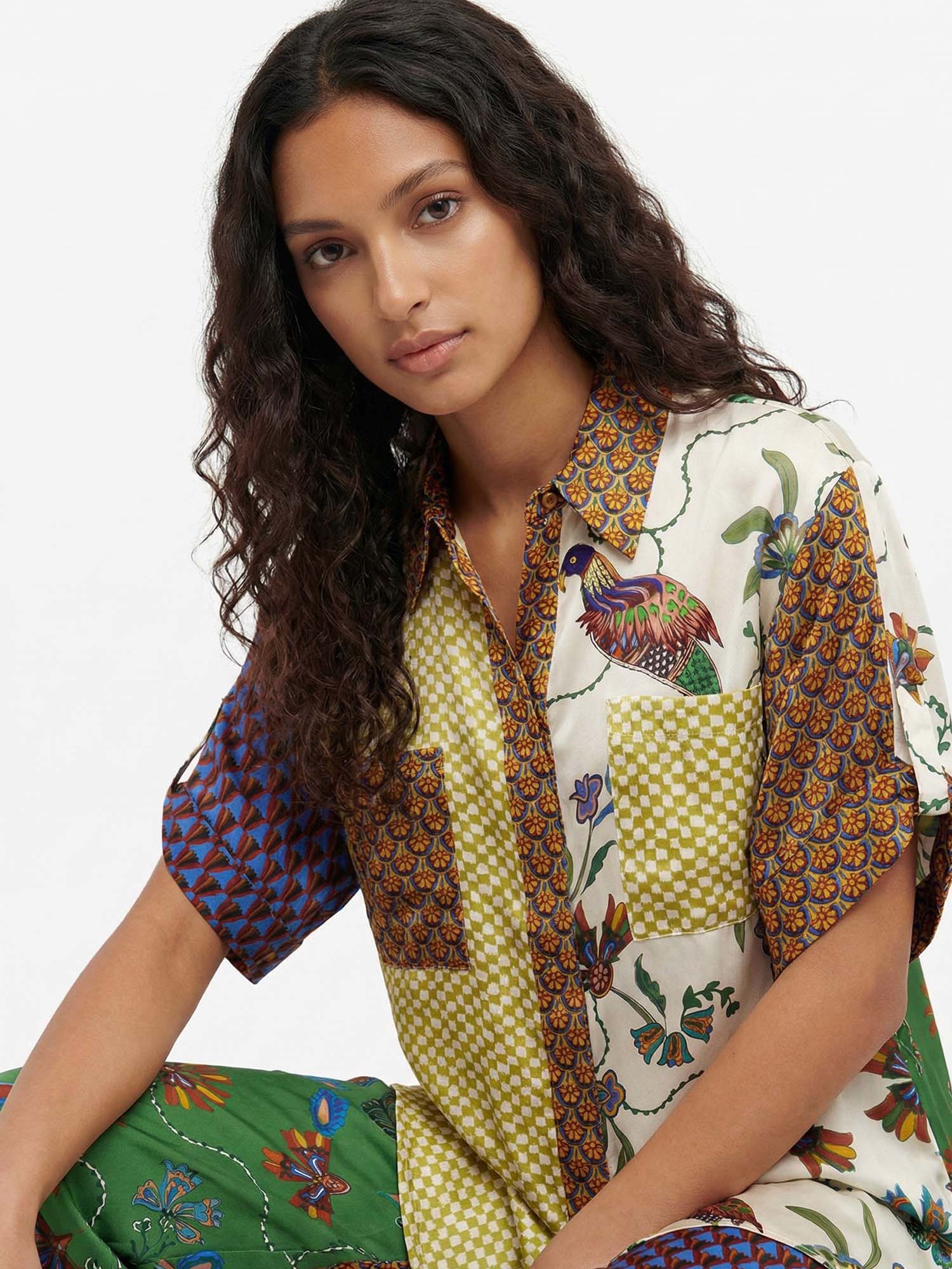 Button-Up Shirt with Contrast Bird Print
