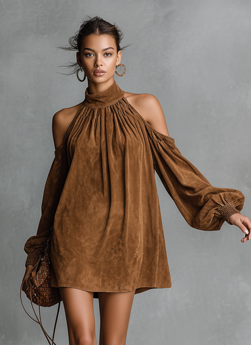 Women's Mini Dress in a Loose Fit Made of Faux Leather with a High Neck and Lantern Sleeves MDA3118J4Y