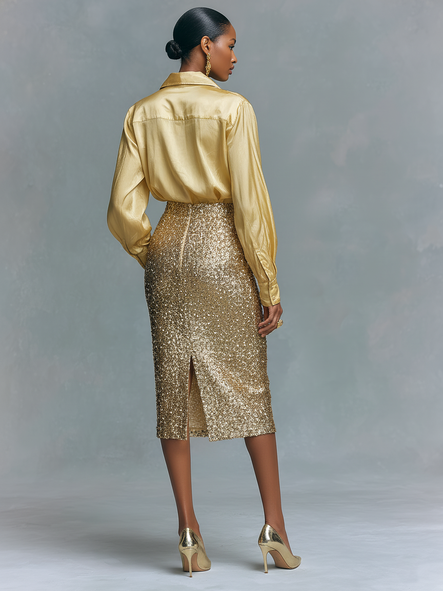 Women's Long Sleeve Top and Pencil Skirt Set with Sequins MDA2431K6Y