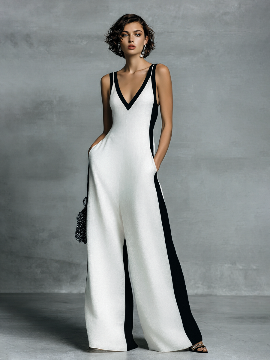Women's Bodysuit in Black and White Made of Linen-Cotton Fabric with Thin Straps MDZ0528B0BA