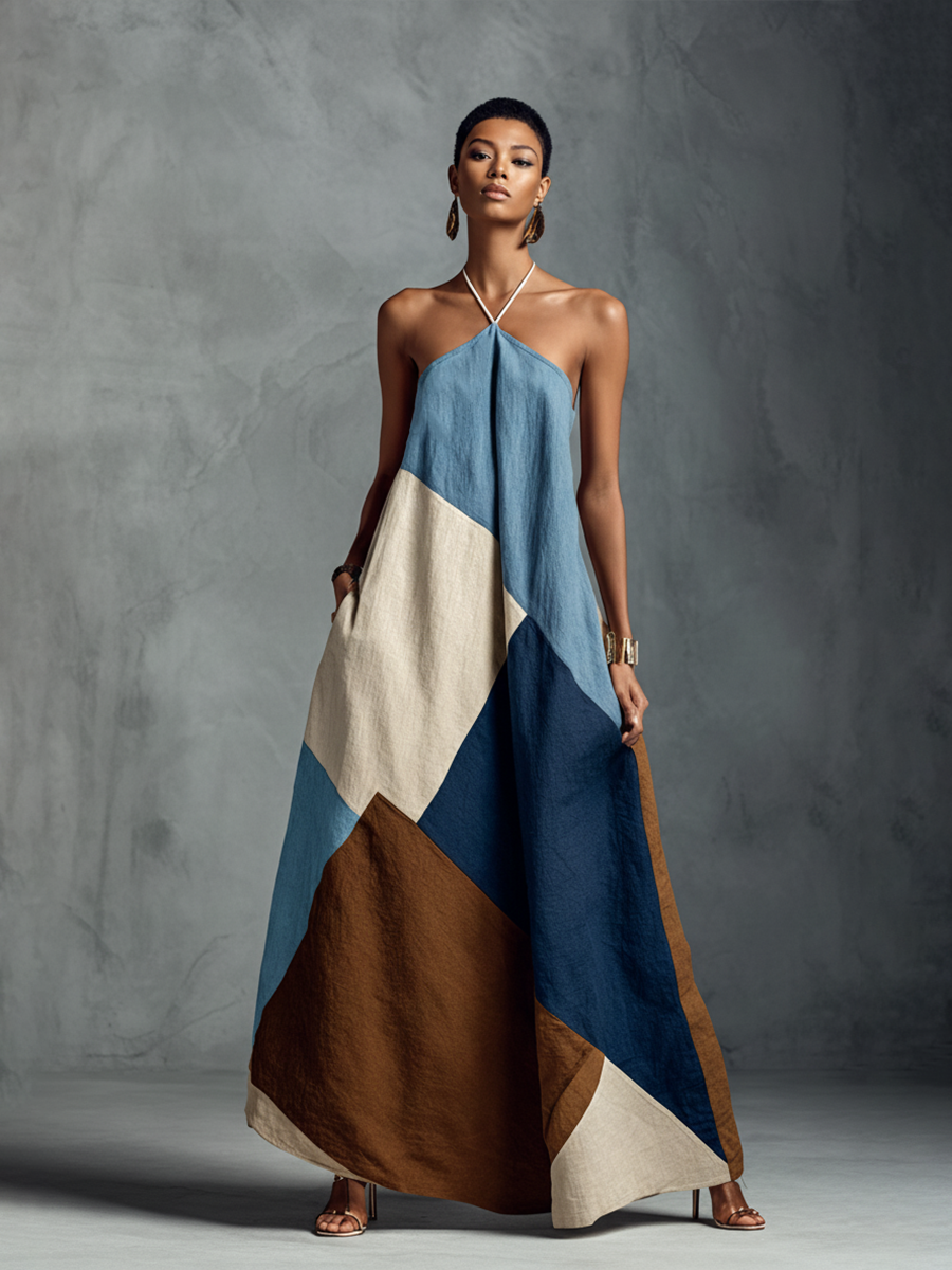 Maxi Dresses Patchwork Cotton Linen Blend in Bohemian Colors for Women MDZ1956C4BA