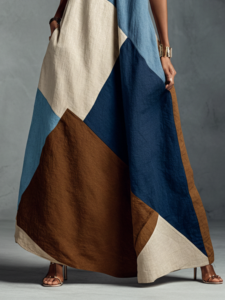 Maxi Dresses Patchwork Cotton Linen Blend in Bohemian Colors for Women MDZ1956C4BA