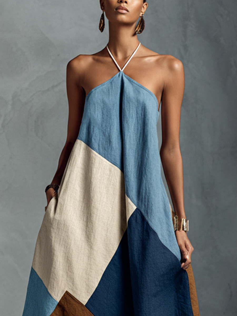 Maxi Dresses Patchwork Cotton Linen Blend in Bohemian Colors for Women MDZ1956C4BA