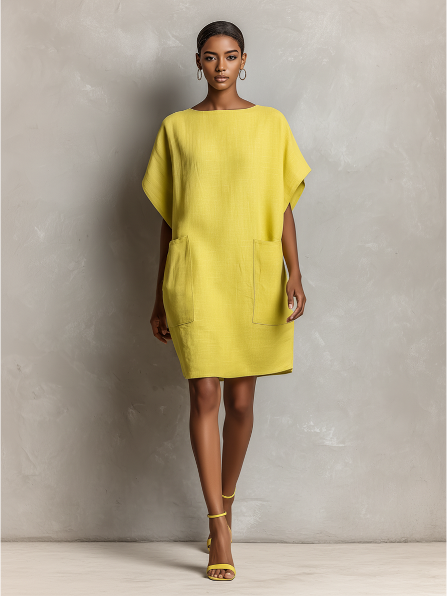 Women's Shift Dress in Lime Yellow with Batwing Sleeves and Pockets MDZ2671C3T
