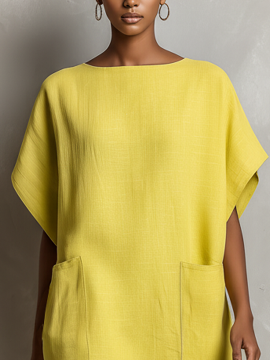 Women's Shift Dress in Lime Yellow with Batwing Sleeves and Pockets MDZ2671C3T