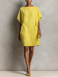 Women's Shift Dress in Lime Yellow with Batwing Sleeves and Pockets MDZ2671C3T